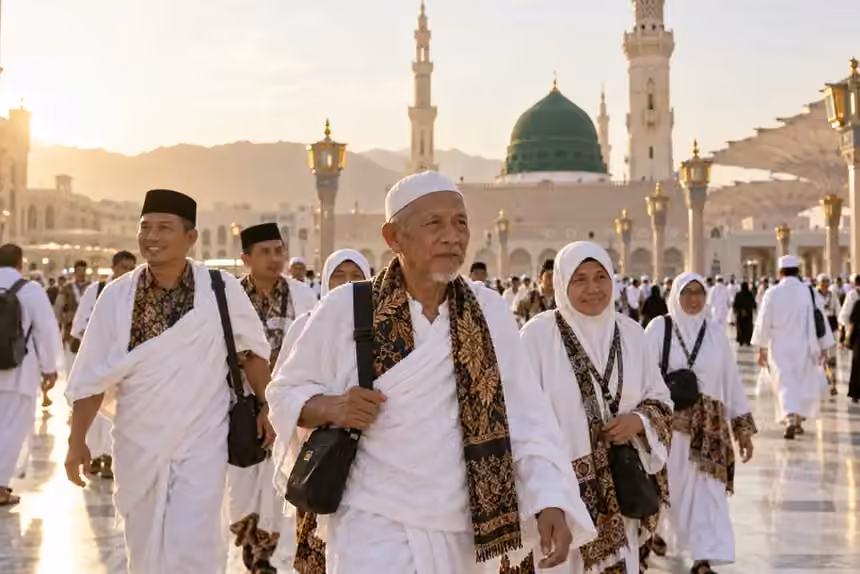 Jamaah umrah berjalan bersama menuju masjid pada sore hari